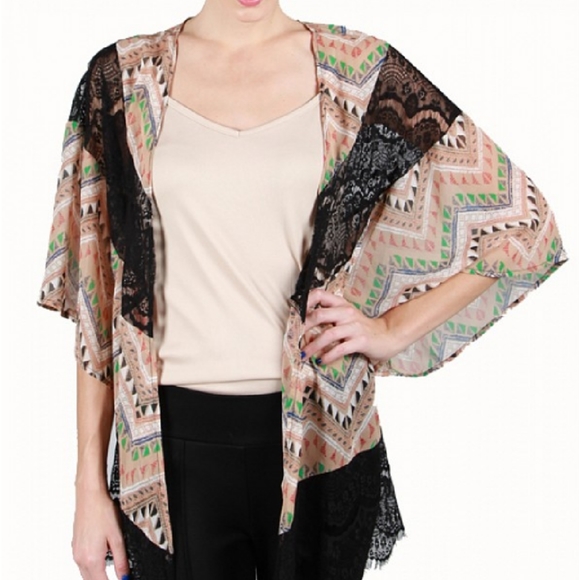 Tan and Black Lace Kimono - Picture 2 of 3